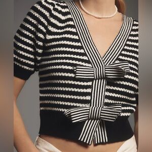 NVLT Short-Sleeve Striped Bow Cardigan Sweater Medium Navy White Coastal Prep